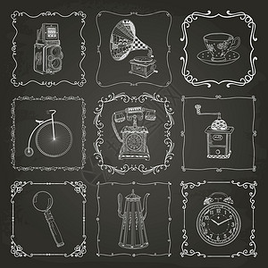 咖啡手冲壶重要图标和框架黑板漩涡留声机木板桂冠插图放大镜装饰品咖啡屋粉笔插画