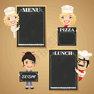 寿司厨师带有剪贴板菜单的刻画字符设计图片