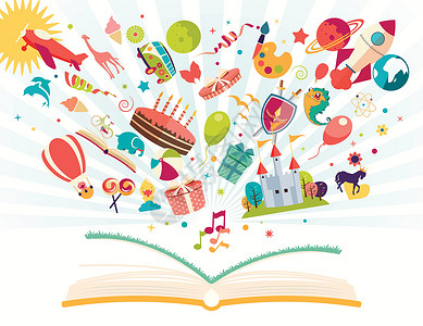 书蛋糕想象力概念 — 打开书 上面有气球 火箭 飞机飞出 矢量图设计图片