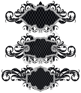 一套装饰框架插图黑色卷曲树叶白色纹章风格曲线网格标签背景图片