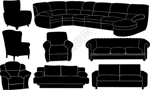 沙发团体长椅收藏贴画黑色插图家具白色座位扶手椅背景图片