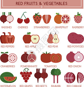 香酥红梨红水果和蔬菜土豆萝卜西瓜健康洋葱卫生图表红色柚子胡椒插画