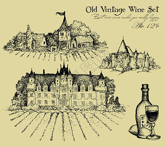 葡萄城堡一套葡萄酒元素玻璃城堡风格标签横幅艺术插图服务绘画藤蔓插画