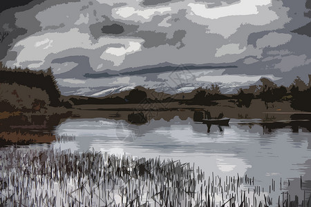 乌拉盖河雪中一个死湖的云层寒冷丘陵爬坡雪墩灰色反射插画