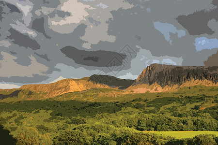 多尔盖劳下雪时的山地山脉蓝色远景国家场景多云爬坡绿色公园雪墩天空插画