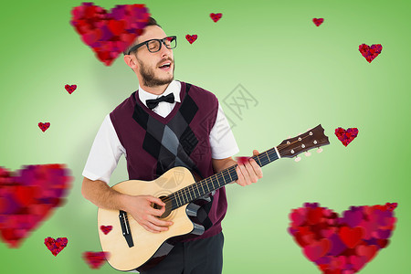小背心喜剧时装演员弹吉他和唱歌的复合形象微笑快乐音乐绿色男性眼镜情人极客吉他领结背景