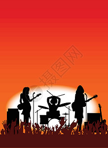 女孩乐队摇滚演出绘画观众吉他会场成套流行音乐踏板韵律插画