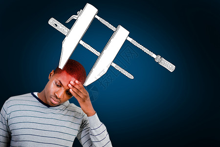 头痛男子的复合形象工具卡尺鬼脸偏头痛男性蓝色痛苦插图黑色计算机背景图片