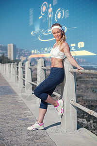 在码头站立的金发美女 综合图像运动电脑锻炼女士护理技术运动服赛跑者阳光慢跑者背景图片