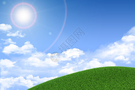 绿草山 背景云和太阳绿色爬坡射线天空蓝天背景图片
