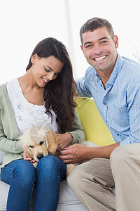 情侣在沙发上玩小狗背景图片