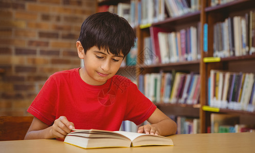 图书馆中可爱男孩阅读书书架教育童年学习桌子男生男性学生学校架子背景图片