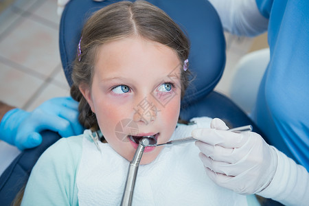 牙科医生和助助检查女孩牙齿团队伙伴职员专业青少年护士女性职业口腔工具背景图片