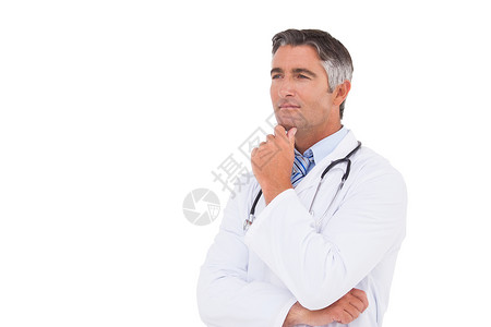 医生用手在下巴思考从业者服务实验制服工作服男性专家卫生男人保健背景图片