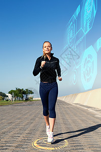 在码头慢跑的金发美女综合图像闲暇运动服女士马尾辫女性计算赛跑者绘图调子微笑背景图片