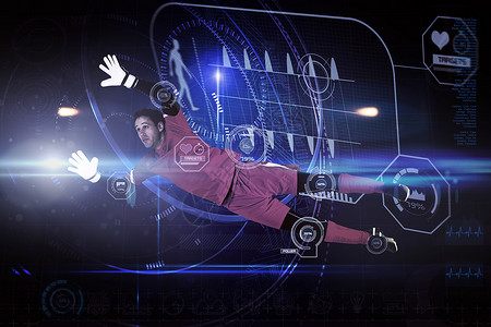 搭配目标守门员的复合图像跳起来圆圈计算运动员蓝色绘图拉伸足球监控运动服科技背景图片