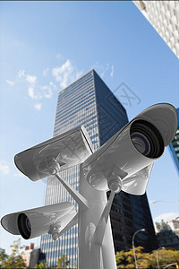 Ccctv 相机复合图像摩天大楼监视城市建筑安全拍摄背景图片
