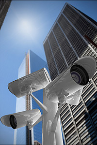 Ccctv 相机复合图像摩天大楼监视阳光商业安全拍摄建筑晴天蓝天城市背景图片
