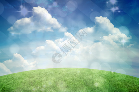 灯光设计的复合图像闪烁在绿色上场地草原蓝天天空公园绘图计算机绿地数字多云背景图片