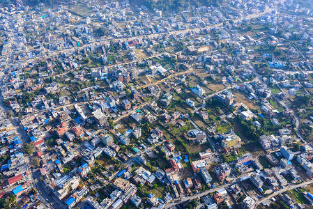 尼泊尔语尼泊尔Pokhara空中观察天线蓝色绿色花园城市密度旅行建筑物街道房屋背景