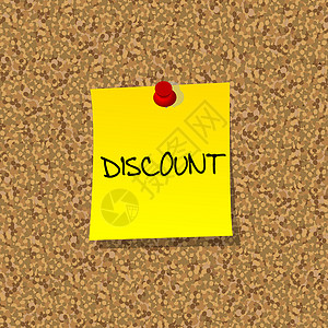 discount黄色纸条纸 上面写着DISCOUNT字 贴在软木板上背景