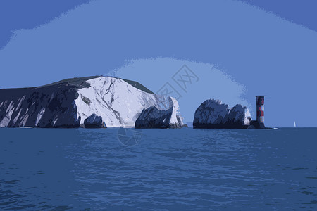 汉普郡红色和白条纹灯塔 在针头在宁静的海岸线地标导航船舶悬崖白色船运房子海洋粉笔插画