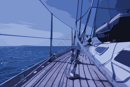 海上游艇航行的弯曲茶台甲板地平线钻机索具柚木木头护栏帆船海洋插画