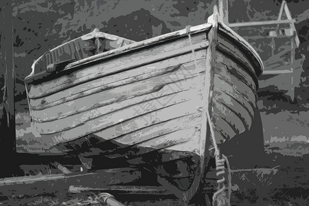 一辆旧熟料在拖车上造了木制渔船工作钓鱼小艇海岸海岸线插画