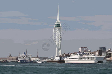 俯瞰港口高高的白色脊椎动物塔俯视着港口摩天大楼建筑建筑学地标插画