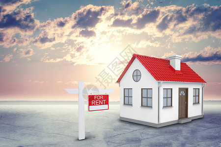 白色房子有红色屋顶和烟囱 附近有租房的招牌 背景阳光明亮射线蓝天广告瓦片裂缝门把手太阳天空金融山墙背景图片