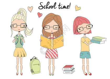 名包名表3名年轻女学生 带眼镜 书包 书袋和书插画