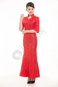 白色背景面前穿着中国服装服务员的服饰人员咖啡棉袄围裙服务女性工作微笑传统女士背景图片