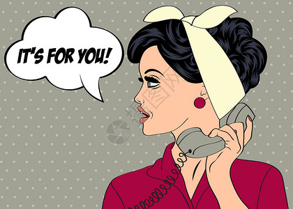 带留言的漫画风格中的流行艺术可爱古老女人电话气泡流行音乐插图女性女士思考明信片秘密卡通片背景图片