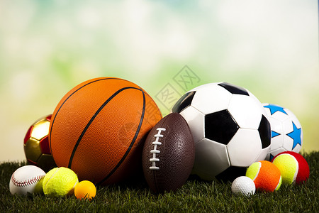 足球器材体育设备细节 自然色彩多彩的音调游戏沥青草地手球网球拼贴画足球行动器材团体背景