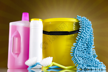 清洁产品和日落 家庭工作丰富多彩的主题消毒剂手套塑料液体橡皮商品海绵家务消毒工具背景图片
