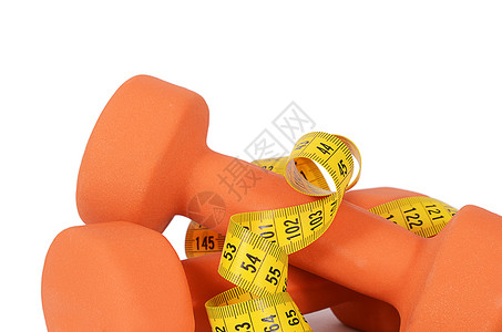 与哑铃隔离的测量磁带药品金属饮食运动白色节食健康权重重量肌肉背景图片