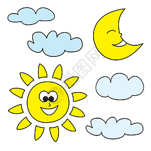 太阳被云遮住了太阳 月亮和云云     天气卡通漫画图标矢量 在白色背景上被孤立插画