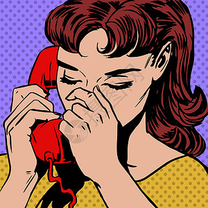 四讲四爱女人在电话上讲流行艺术漫画的翻版风格插画