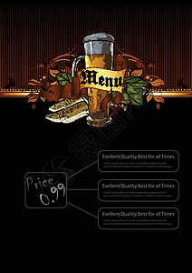 含有啤酒元素的圆形板茶点丝带插图卷曲啤酒厂饮料小吃价格酒杯艺术背景图片