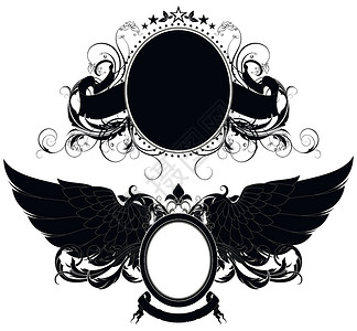 一套装饰性预告元素纹章插图风格白色翅膀装饰树叶框架标签黑色背景图片