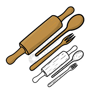 厨房用具装饰刀具炊具服务插图钢包风格木头工具勺子背景图片