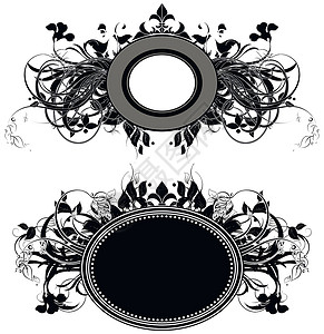 一套装饰性盾牌黑色插图卷曲曲线装饰白色树叶框架风格标签背景图片