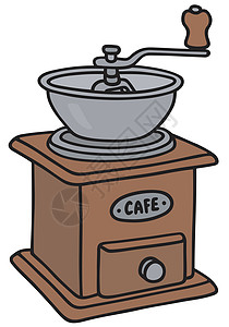咖啡研磨机古董热饮卡通片皱褶交叉厨房好奇心古玩背景图片