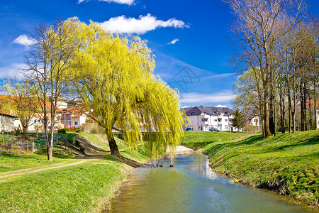Ludbreg春季风景中的Bednja河高清图片