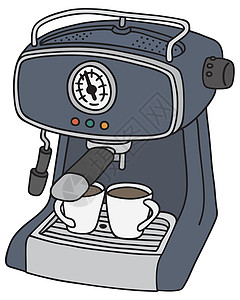 蓝色电浓缩咖啡机灰色咖啡味卡通片杯子渗滤器机器饮料咖啡店白色咖啡背景图片
