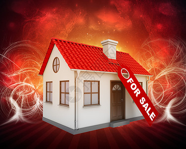出售房屋的房地产标志和小房子薄雾烟囱背景窗户红色条纹背景图片