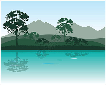 清晨在河上灌木丛反射山脉草本植物插图植物群背景图片