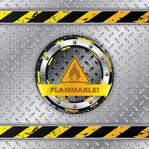 黄色条纹胖鱼金属板上的易燃警告标志设计图片