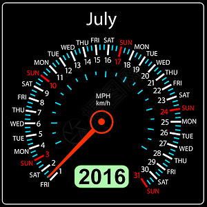 2016年日历速度计车 7月 矢量图图片