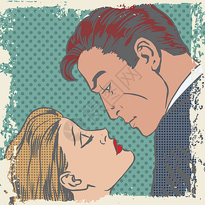 初吻男男女女即将亲吻流行艺术漫画的翻版风格插画